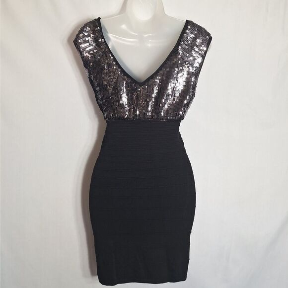 Guess Womens Sequin Mini Dress Black Sleeveless Textured Bodycon Cocktail Small - Picture 7 of 10